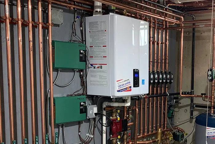 Pipes and connections in a utility room